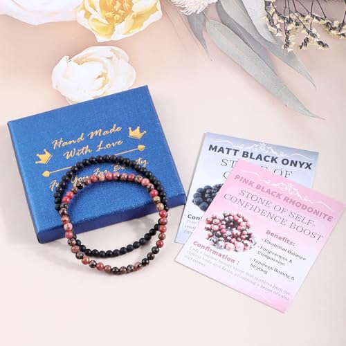 NCB 2.3-Piece 4mm Natural Crystal Gemstone Stretch Bracelets – Handmade Reiki Energy Healing Jewelry for Meditation,Yoga, Unisex - color: 2PCS ( Pink black Rhodonite+Matte Black Agate ), size: 4mm