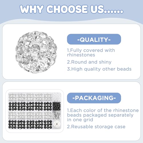 320pcs Rhinestone Beads for Jewelry Making, 10mm Black and White Beads Disco Ball Chunky Crystal Bead, Rhinestone Bubblegum Round Bead for DIY Bracelets Necklace Earring Supplies - color: black and white