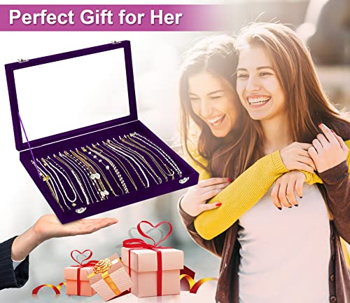 Jenseits Necklace Holder Jewelry Organizer Box, Dustproof Velvet Necklace Tray Jewelry Display With Clear Lid, Preppy Jewelry Holder, Long Necklaces Pendants Organizer, Gifts For Women Girls - Purple