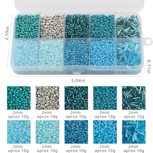 Approx 5000pcs 12/0 Glass Seed Beads for Jewelry Making, 2mm Mix 10 Colors Tube Beads Glass Bugle Beads Waist Beads Kit for Bracelets Necklaces Earrings DIY Supplies (Lake Blue) - color: Lake Blue