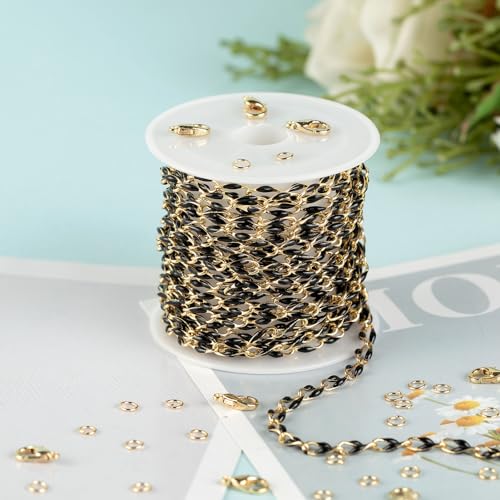 13 Feet/4M Gold Plated Brass Jewelry Making Chain Spool Black Oil Drip Enamel Chain Necklace Large Lip Chain with Lobster Clasps Jump Rings for DIY Craft Supply Jewelry Findings - color: Black Lip