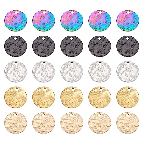 PH PandaHall 50pcs 12mm Flat Round Pendants 5 Colors Blank Message Word Tag Pendants Embossed Blank Tags Round Charms with Textured Pattern for Bracelet Earring Jewelry Gift Making, 1mm Hole - size: 12mm
