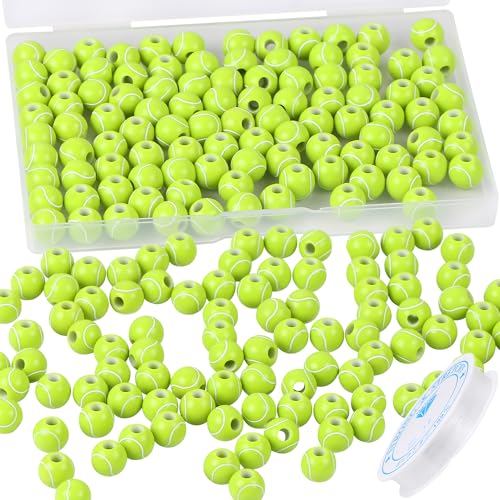 100pcs Tennis Beads with 5.5 Yard Elastic Rope,Acrylic Sports Beads DIY Spacer Bead for Necklace Bracelet Keychains Handmade Jewelry Making Accessories Craft Supplies,12mm(Tennis) - color: Tennis