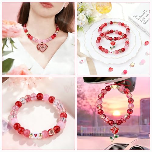 DUQGUHO Valentine's Day Beads for Jewelry Making, 8mm Red Pink White Glass Beads for Bracelet, Heart Beads Gold Bead and Sweet Heart Charms for Bracelet Necklace Crafts DIY 580PCS - color: 14-Red Pink White