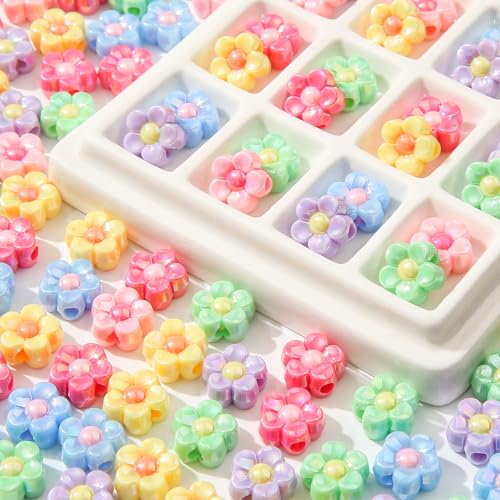200pcs Ab Color Flower Acrylic Beads Rainbow Sun Flower Beads for Jewelry Making Handmade DIY Bracelet, Charms Keychain Craft Supplies (Daisy Flower) - color: daisy flower
