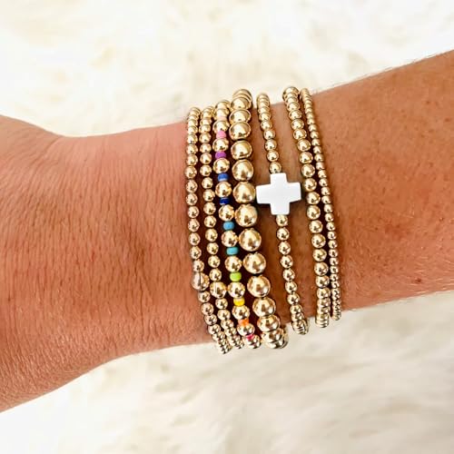 14K Gold Beaded Cross Beaded Bracelet Stack Set for Women,7PCS Bohemian Colorful Beads Ball Stretch Stackable Bracelets Trendy Holiday Birthday Gift - color: White