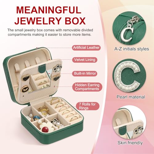 PATIKIL Travel Jewelry Case,C Initial Small Travel Jewelry Box Organizer Rings Earrings Storage Case Personalized Gifts for Women Girls Birthday Christmas Bridesmaid Gifts,Dark Green - style: C