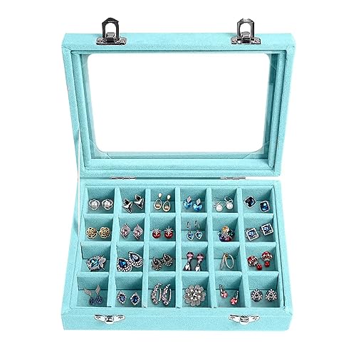 Velvet Jewelry Box 24 Grid Jewelry Earrings Display Organiser Box Ring Tray Holder Earrings Storage Case for Girls Women Wife Mom (Light blue) - color: Light blue