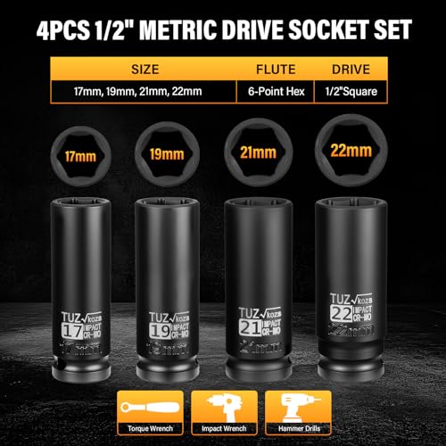 4 Pieces 1/2 inch Drive Deep Impact Socket Set,Metric,17mm 19mm 21mm 22mm,Cr-Mo,6-Point,Spindle Axle Nut Impact Socket - size: 1/2" Deep 4pc