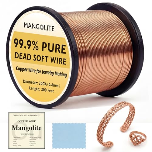 20 Gauge/0.8mm Copper Wire for Gardening & Jewelry – 300 Feet 1 Pound Spool with Polishing Cloth & COA – 99.9% Pure Dead Soft Bare & Skin Safe Uncoated Craft Wire for Beading & Fine Craft - size: 20 Gauge, style: 1 Pound