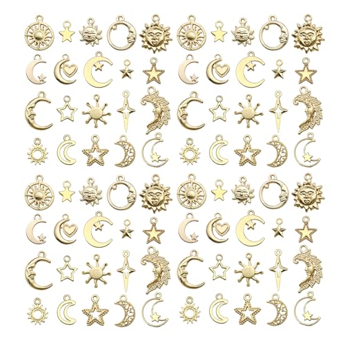 WOCRAFT 60pcs KC Gold Sun Moon Star Charms Bracelet Charms for Jewelry Making Sets DIY Necklace Bracelet Keychain Crafting Charms Kit Craft Supplies (SN836) - color: KC Gold, size: Sun Moon Star Charms