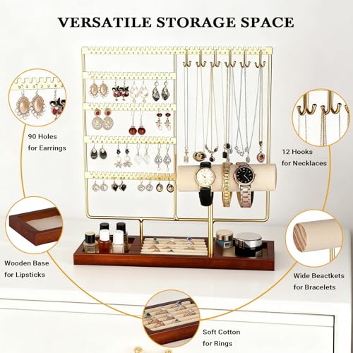 Ciormis Jewelry Stand Organizer, 5 Tier Jewlery Holder Towers Earring Display Rack with 72 Holes and 12 Hooks Necklace Hanger Tree for Necklace Bracelet Stud Earring Ring Women Mothers Gift (Gold) - color: Gold-new