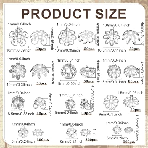 PH PandaHall 1440pcs 12 Styles Bead Caps, Bulk Silver Flower Spacer Beads Caps Metal Filigree Flower Spacer Beads Alloy Jewelry Bead End Cap for Bracelet Necklace Earrings Jewelry Making Supplies