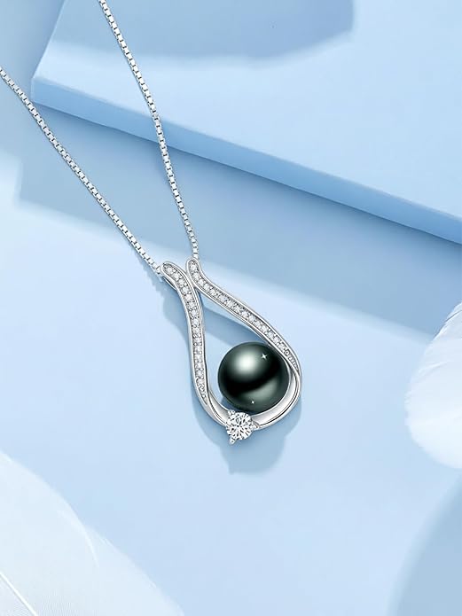 Tahitian Black Pearl 18K White Gold Plated Sterling Silver Heart/Infinity/Four Leaf Clover Pendant Necklace Jewelry Gifts for Women Wife Mom Girlfriend Wedding Birthday Anniversary Christmas