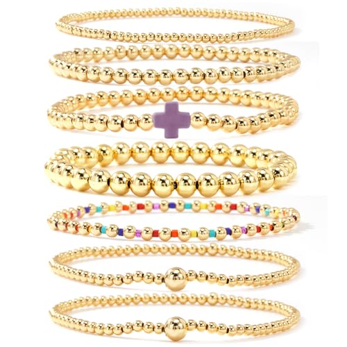 14K Gold Beaded Cross Beaded Bracelet Stack Set for Women,7PCS Bohemian Colorful Beads Ball Stretch Stackable Bracelets Trendy Holiday Birthday Gift - color: Purple