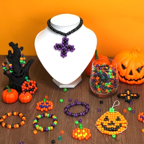 1000Pcs Halloween Pony Beads Bulk – 6x9mm Kandi Beads in Orange, Black, Purple, Green for Bracelets, Hair Braids, Jewelry Making, DIY Crafts, Party Supplies - color: Halloween Edition