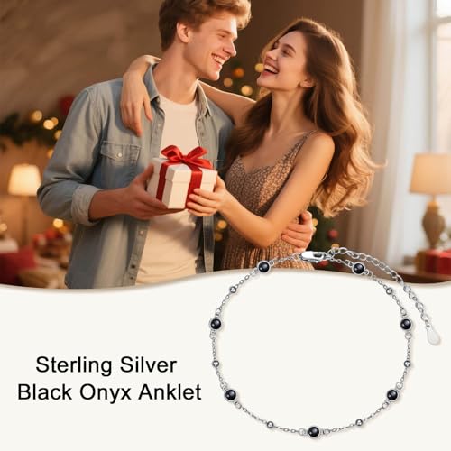 HPQQ Anklet Bracelet for Women 925 Sterling Silver Natural Stone Chain Bead Ankle Bracelet Beach Summer Fine Jewelry Mothers Day Birthday Gifts for Women Mom Wife - color: Anklet-9"-11"-Black Onyx