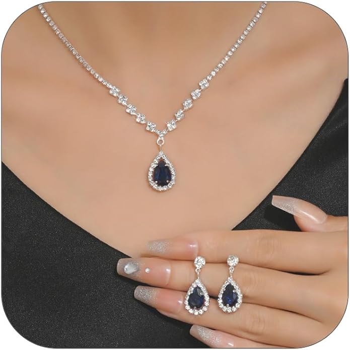 Sparkling Teardrop Halo Bridal Necklace Earrings Set For Women Statement Classic Silver Colors Adjustable Choker Style Chain