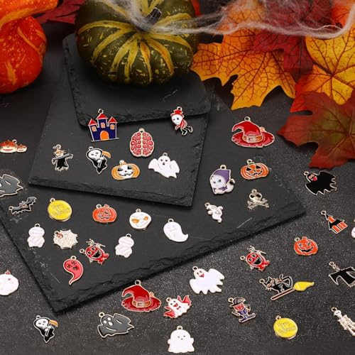 SANNIX 110Pcs 55 Pairs Halloween Charms Gold Enamel Jewelry Pendants for Halloween Earring Bracelet Necklace Craft Making - style: Halloween Charms-55 Pairs