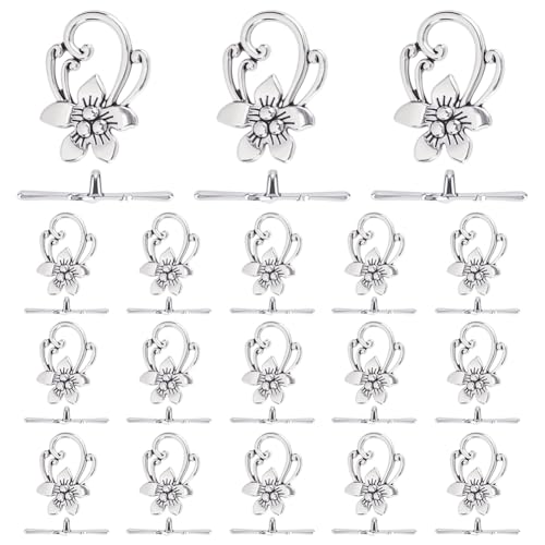 30Pcs Toggle Jewelry Clasps Antique Silver Flower T-bar Closure Metal Bar and Ring Connectors End Clasps for Jewelry Making Pendants Bracelet Necklace Earring DIY Crafts 28x20mm