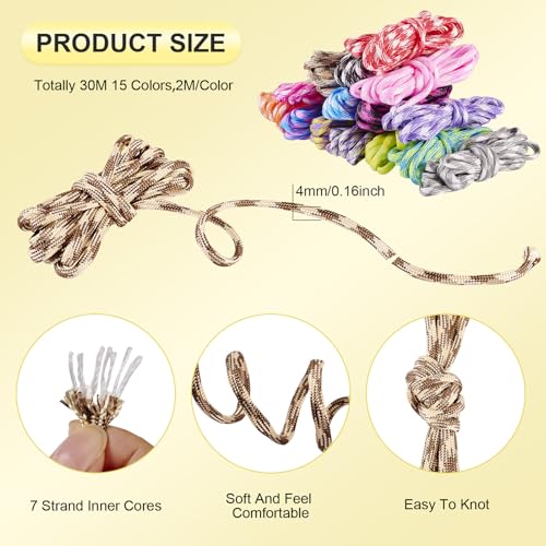 Cheriswelry 4mm Elastic Bracelet String Cord Soft Stretch Polyester Cord Chinese Knotting Cord for Necklace Bracelet Jewelry Making Macrame Sewing Supplies (15 Bundles)