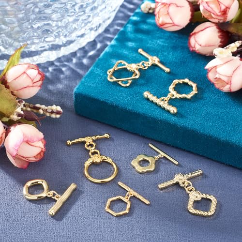 7Pcs 18K Gold Plated Brass Toggle Clasps Golden Toggle Jewelry Clasps Flower Rhombus Hexagon Ring Star Toggles T Bar Clasp for Bracelet Necklace Jewelry Making - color: Golden