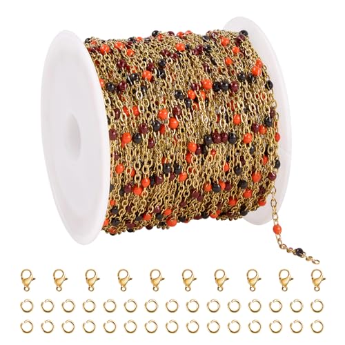 UMAOKANG 10 Meters Black Orange Enamel Bead Chain for Jewelry Making Gold Plated Stainless Steel Necklace Bracelet DIY Chains - color: Blak Orange-Gold