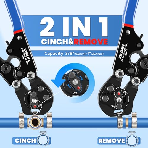 OURU 2 IN 1 Ratchet Pex Crimping Tool Cinch and Remove Combo Function Pex Pipe Crimp Tool from 3/8" to 1" Pex Crimper with Pex Cutter and Stainless Steel Pex Clamps 1/2" 25PCS,3/4" 10PCS - style: 2pcs Pex Tool Kit