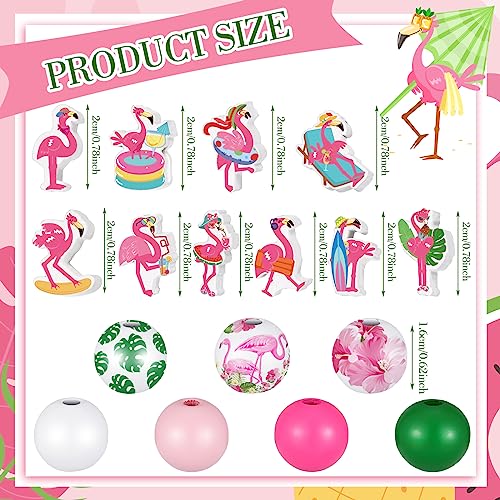 Tradder 200 Pcs Summer Flamingo Beach Beads Set Tropical Round Wood Charms with Swim Rings, Surfboards, Palm Leaves for DIY Jewelry, Pool Party Favors, Hawaiian Crafts & Home Decor - style: Flamingo