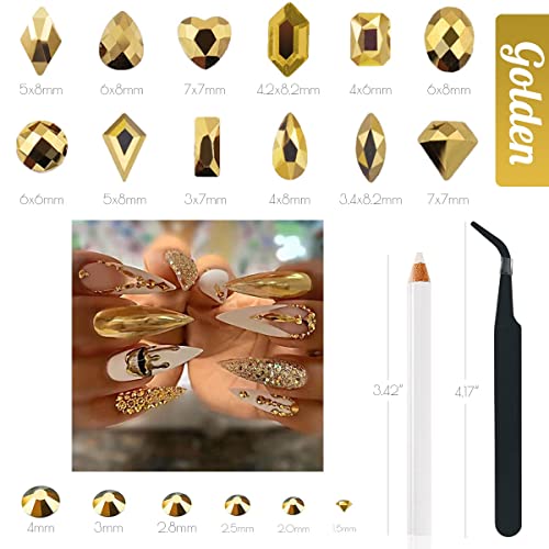 qiipii Old Golden Nail Rhinestones 120 Multi Shapes Flatback Gems K9 Glass Stones Metallic Gold Round Beads Diamonds Jewels Crystals w Pick Pen Charms for Nails Faces Eyes Makeup Crafts Clothes Shoes - color: Metallic Golden, size: A Set