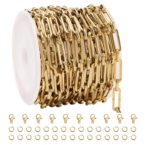 SMYHTGLIF 4 Meters Paperclip Chain Bulk for Jewelry Making Gold Stainless Steel Chain Roll Handmade Jewelry Making Supplies - color: Paperclip Gold