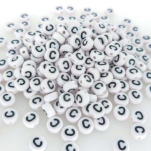 200+ Pieces 4x7mm Single C Letter Beads for Jewelry Making, White Round Acrylic Bulk Alphabet (Black on White) - size: Single letter C 200+ Pcs