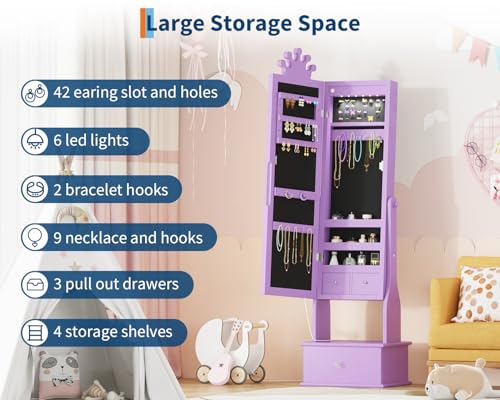 Kids Jewelry Armoire Cabinet with Full-Length Mirror, 46" Jewelry Armoire with Led Light, Kids Jewelry Organizer with 3 Storage Drawers, Kids Vanity Dress Up Mirror Jewelry Cabinet for Girls(Purple) - size: purple