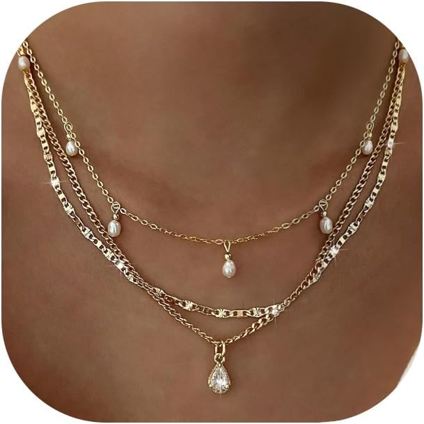 YEEZII Layered Gold Necklaces for Women Trendy, 3 Pcs 14K Gold Plated Choker Paperclip Box Chain Necklace, Stackable Women's Gold Pendant Necklaces Jewelry Set