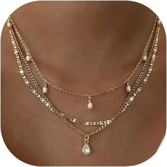 YEEZII Layered Gold Necklaces for Women Trendy, 3 Pcs 14K Gold Plated Choker Paperclip Box Chain Necklace, Stackable Women's Gold Pendant Necklaces Jewelry Set