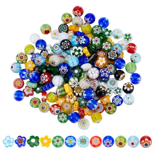 1 Box 152PCS 6~9MM Flower Lampwork Glass Beads with Holes Colorful Flat Round Floral Millefiori Handmade Spacer Loose Bead Bulk for Jewelry Making Necklaces Bracelets DIY Craft Supplies - size: 152Pcs, style: Mixed