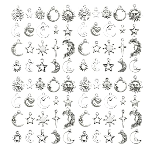 WOCRAFT 60pcs Antique Silver Sun Moon Star Bracelet Charms for Jewelry Making Sets DIY Necklace Bracelet Keychain Crafting Charms Kit Craft Supplies (SN833) - color: Antique Silver, size: Sun Moon Star Charms