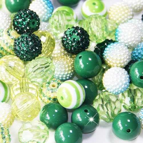48 Pcs 20mm Beads for Pens Rhinestone Bubblegum Bead Green Crystal Acrylic Round Chunky Bead Sparkly Craft Large Balls Beads for Pen Beadable Keychain Bracelet Necklace DIY Jewelry Making Supplies - color: Green