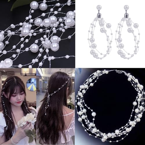 FQTANJU 200 Ft Acrylic Crystal Beads String Roll, 8mm and 3mm Mixed, Party Garland Wedding Centerpieces Bridal Bouquet Crafts Decoration 60M(White) - color: White