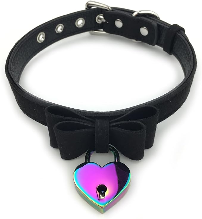 Destiny Love Bell Padlock Choker Collar Necklace Lolita Bow Collar Cat Kitty Velvet Necklace with Heart Lock and Key with Box for Women and Men
