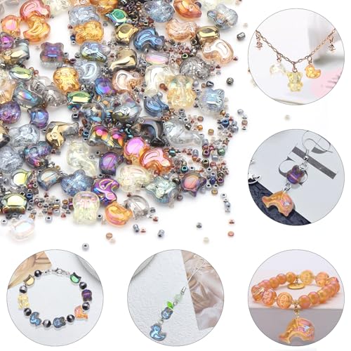 640pcs Shaped Animal Glass Beads for Jewelry Making, Shaped Cat/Rabbit/Duck/Bear/Dolphin Loose Spacer Beads for DIY Supplies Bracelets Necklaces Earrings - color: Animal style