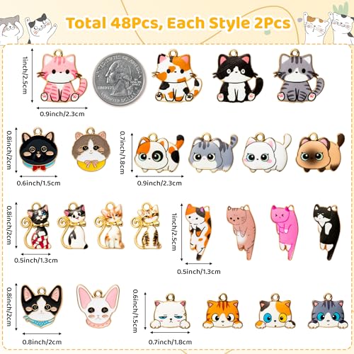 Cat Charms Pendants - 48Pcs Pet Cat Alloy Enamel Jewelry Pendants Bulk Cute Animals Gold Enamel Charms for Jewelry Making Earring Necklace Bracelet Making DIY Crafts Birthday Xmas Winter Holiday Gift