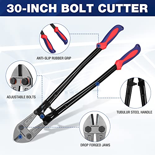 WORKPRO W017007A Bolt Cutter, Bi-Material Handle with Soft Rubber Grip, 30", Chrome Molybdenum Steel Blade - size: 30", style: Bolt Cutter
