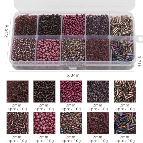 Approx 5000pcs 12/0 Glass Seed Beads for Jewelry Making, 2mm Mix 10 Colors Tube Beads Glass Bugle Beads Waist Beads Kit for Bracelets Necklaces Earrings DIY Supplies (Purple) - color: Purple