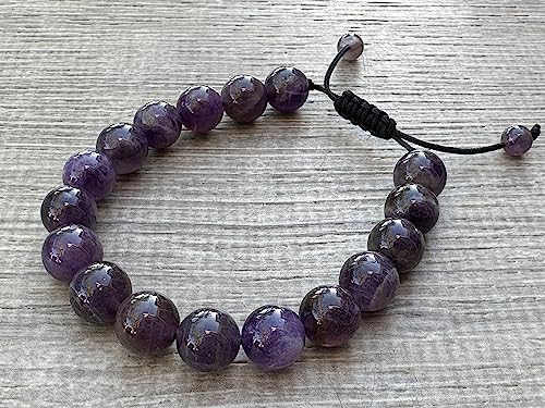 GAF TREASURES Grade A ++ Gemstone Round Bead Adjustable Bracelet 10mm, Genuine Crystal Bead Bracelet, Gift for Men & Women - color: Amethyst