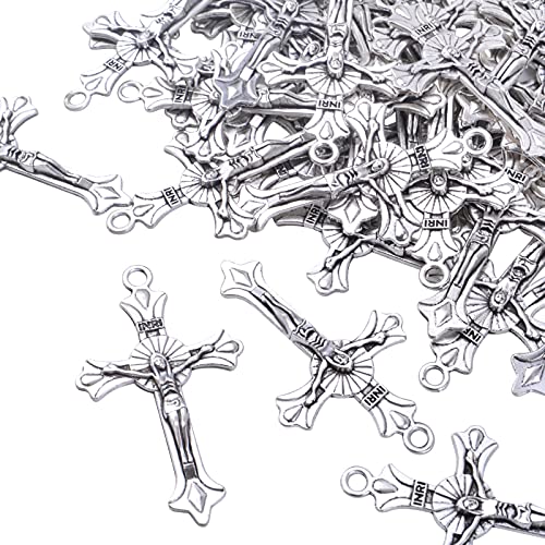 BronaGrand 50pcs Alloy Cross Charms Pendants Jewelry Rosary Cross Charms for DIY Bracelet Necklace Jewelry Making Findings,37×22mm - color: Silver