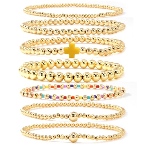14K Gold Beaded Cross Beaded Bracelet Stack Set for Women,7PCS Bohemian Colorful Beads Ball Stretch Stackable Bracelets Trendy Holiday Birthday Gift - color: Yellow