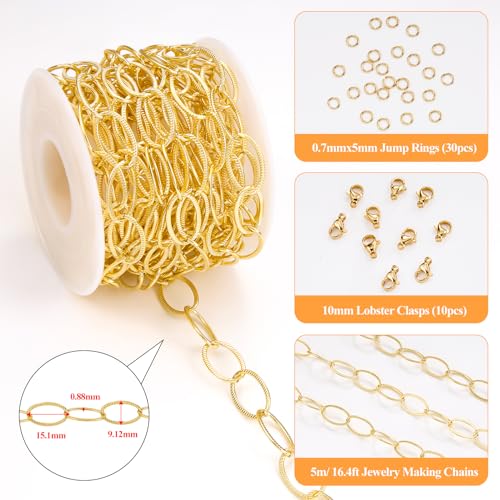 YOUBEIYEE 16.4 Feet Gold Plated Chain for Jewelry Making Stainless Steel Embossed Oval Chains Bulk for Women Necklace DIY with Jewelry Accessories - color: Embossed Ellipse Gold