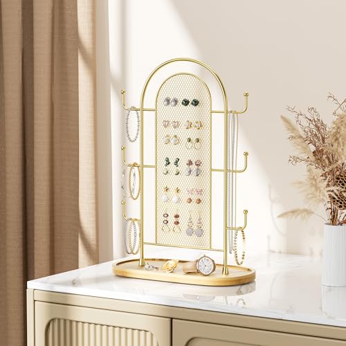 bussdis Jewelry Display Earring Stand Gold Organizer Earring StorageTree Jewelry Rack Towers with 6 Hooks 300 Stud Holes Wood Tray for Necklaces Bracelets Ring - color: Gold