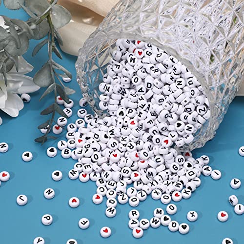 Letter Beads, DECYOOL 1900Pcs 4×7mm Wihte Black Acrylic Alphabet Beads with 1 Roll Elastic String for Bracelet Necklace - color: White&Heart